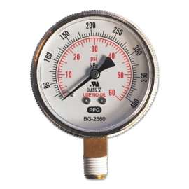 Replacement Gauges, 2 1/2 in, 60 psi, Brass, 1/4 in NPT, Bottom Mount