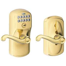 Schlage FE Series FE595 PLY 505 FLA Keypad Lock with Flex-Lock, Different Key, Bright Brass, Flair Lever Interior Handle