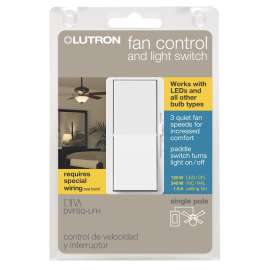 Lutron DVFSQ-LFH-WH Fan and Light Control Switch, 1.5 A, 120 VAC, 120 W, LED Lamp, White