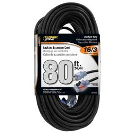 PowerZone ORECPL502633 Extension Cord, 80 ft Cable, 80 ft L, 10 A, 125 V, Black