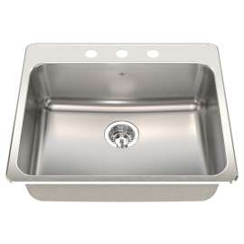 KINDRED QSLA2225/8/3 Kitchen Sink, 3-Faucet Hole, 22 in OAW, 25-1/4 in OAH, Stainless Steel, Drop-In Mounting, 1-Bowl