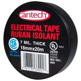 Cantech 330-01 Electrical Tape, 20 m L, 18 mm W, PVC Backing, Black