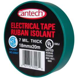 Cantech 330-07 Electrical Tape, 20 m L, 18 mm W, PVC Backing, Green