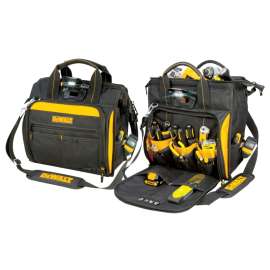 DeWALT DGL573 Lighted Tool Bag, 13 in W, 7 in D, 14 in H, 41-Pocket, Polyester, Black/Yellow
