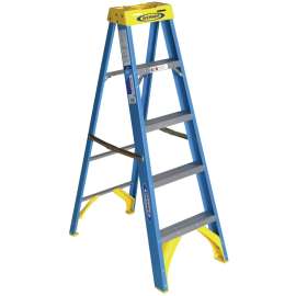 WERNER 6005 Step Ladder, 9 ft Max Reach H, 4-Step, 250 lb, Type I Duty Rating, 3 in D Step, Fiberglass, Blue