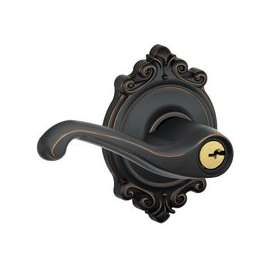 Schlage Flair Series F51A VFLA716BRK Entry Lever Lockset with Brookshire Trim, Solid Brass, Aged Bronze