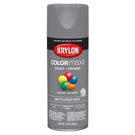 Krylon COLORmaxx K05550007 Spray Paint, Matte, Deep Gray, 12 oz, Aerosol Can