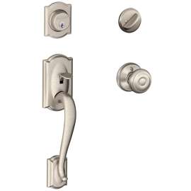 Schlage Camelot F60VCAM/GEO619 Handleset, Keyed Different Key, Brass, Satin Nickel