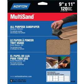 NORTON MultiSand 07660704154 Sanding Sheet, 11 in L, 9 in W, Medium, 120 Grit, Aluminum Oxide Abrasive