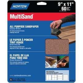 NORTON MultiSand 07660747750 Sanding Sheet, 11 in L, 9 in W, Coarse, 60 Grit, Aluminum Oxide Abrasive