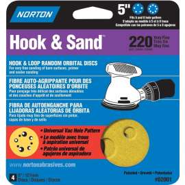 NORTON 02001 Sanding Disc, 5 in Dia, Coated, P220 Grit, Very Fine, Aluminum Oxide Abrasive, C-Weight Paper Backing