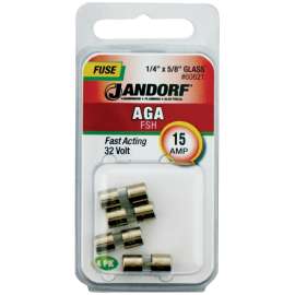 Jandorf 60621 Fast Acting Fuse, 15 A, 32 V, 1 kA Interrupt, Glass Body