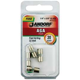 Jandorf 60622 Fast Acting Fuse, 20 A, 32 V, 1 kA Interrupt, Glass Body