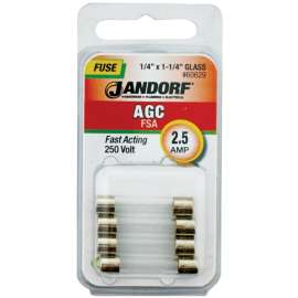 Jandorf 60629 Fast Acting Fuse, 2.5 A, 250 V, 100 A, 10 kA Interrupt, Glass Body