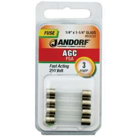 Jandorf 60630 Fast Acting Fuse, 3 A, 250 V, 100 A, 10 kA Interrupt, Glass Body