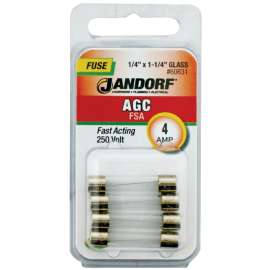 Jandorf 60631 Fast Acting Fuse, 4 A, 250 V, 200 A, 10 kA Interrupt, Glass Body