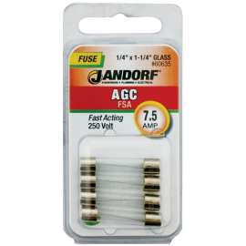 Jandorf 60635 Fast Acting Fuse, 7.5 A, 250 V, 200 A, 10 kA Interrupt, Glass Body