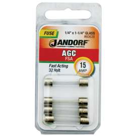 Jandorf 60638 Fast Acting Fuse, 15 A, 32 V, 1 kA Interrupt, Glass Body