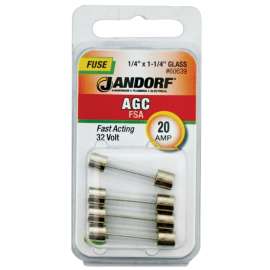 Jandorf 60639 Fast Acting Fuse, 20 A, 32 V, 1 kA Interrupt, Glass Body