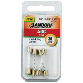 Jandorf 60641 Fast Acting Fuse, 30 A, 32 V, 1 kA Interrupt, Glass Body