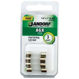Jandorf 60659 Fast Acting Fuse, 3 A, 125 V, 100 A, 10 kA Interrupt, Glass Body