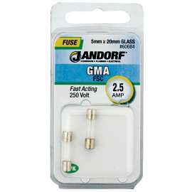 Jandorf 60684 Fast Acting Fuse, 2.5 A, 250 V, 100 A, 10 kA Interrupt, Glass Body