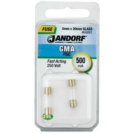 Jandorf 60691 Fast Acting Fuse, 500 mA, 250 V, 35 A, 10 kA Interrupt, Glass Body