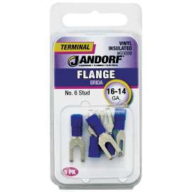 Jandorf 60888 Spade Terminal, 16 to 14 AWG Wire, #6 Stud, Vinyl Insulation, Copper Contact, Blue