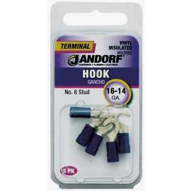 Jandorf 60892 Hook Terminal, 16 to 14 AWG Wire, #8 Stud, Vinyl Insulation, Copper Contact, Blue