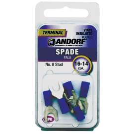 Jandorf 60920 Spade Terminal, 600 V, 16 to 14 AWG Wire, #8 Stud, Vinyl Insulation, Copper Contact, Blue