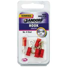 Jandorf 60957 Hook Terminal, 22 to 18 AWG Wire, #6 Stud, Vinyl Insulation, Red