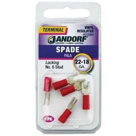 Jandorf 60984 Spade Terminal, 600 V, 22 to 18 AWG Wire, #6 Stud, Copper Contact, Red