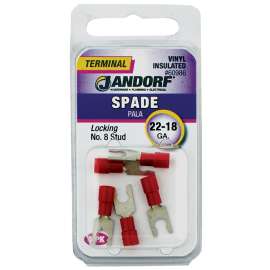 Jandorf 60986 Spade Terminal, 600 V, 22 to 18 AWG Wire, #8 Stud, Vinyl Insulation, Copper Contact, Red
