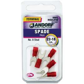 Jandorf 60987 Spade Terminal, 600 V, 22 to 18 AWG Wire, #8 Stud, Vinyl Insulation, Copper Contact, Red