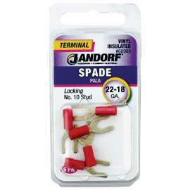 Jandorf 60988 Spade Terminal, 600 V, 22 to 18 AWG Wire, #10 Stud, Vinyl Insulation, Copper Contact, Red