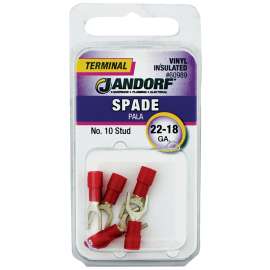 Jandorf 60989 Spade Terminal, 600 V, 22 to 18 AWG Wire, #10 Stud, Vinyl Insulation, Copper Contact, Red