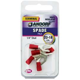 Jandorf 60990 Spade Terminal, 600 V, 22 to 18 AWG Wire, 1/4 in Stud, Vinyl Insulation, Copper Contact, Red