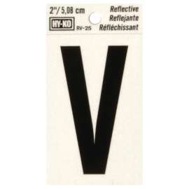 HY-KO RV-25/V Reflective Letter, Character: V, 2 in H Character, Black Character, Silver Background, Vinyl