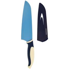 Starfrit 0938960060000 Santoku Knife, 7 in L Blade, Stainless Steel Blade, Navy Blue/White Handle