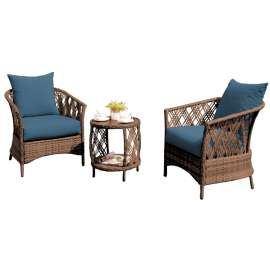 Seasonal Trends 59600 Bistro Bayside Wicker Chat Set, Brown with Blue Cushions, PE Wicker