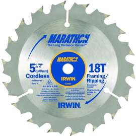 IRWIN MARATHON 14027 Circular Saw Blade, 5-1/2 in Dia, 0.39 in Arbor, 18-Teeth, Carbide Cutting Edge
