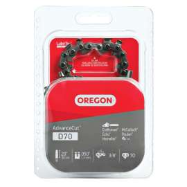 Oregon D70 Chainsaw Chain, 20 in L Bar, 0.05 Gauge, 3/8 in TPI/Pitch, 70-Link