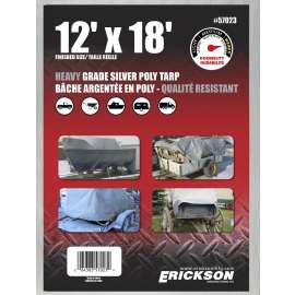 Erickson 57023 Heavy-Grade Tarp, 18 ft L, 12 ft W, Poly, Silver