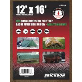 Erickson 57033 Mid-Grade Reversible Tarp, 16 ft L, 12 ft W, Polyethylene, Brown/Green