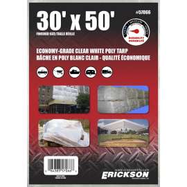 Erickson 57066 Economy-Grade Tarp, 50 ft L, 30 ft W, Poly, Clear White