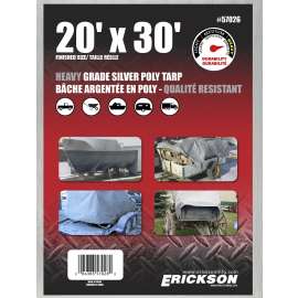 Erickson 57026 Heavy-Grade Tarp, 30 ft L, 20 ft W, 9 mil Thick, Poly, Silver