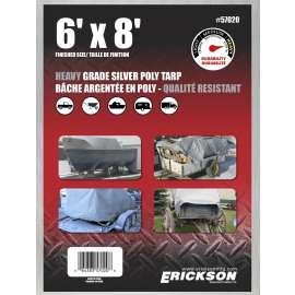 Erickson 57020 Heavy-Grade Tarp, 8 ft L, 6 ft W, Polyethylene, Silver