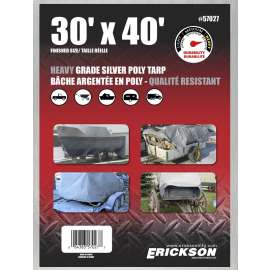 Erickson 57027 Heavy-Grade Tarp, 40 ft L, 30 ft W, 9 mil Thick, Poly, Silver