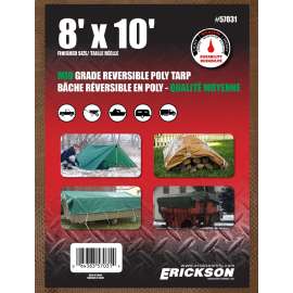 Erickson 57031 Mid-Grade Reversible Tarp, 10 ft L, 8 ft W, 4 mm Thick, Polyethylene, Brown/Green