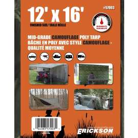 Erickson 57003 Mid-Grade Tarp, 16 ft L, 12 ft W, Poly, Camouflage
